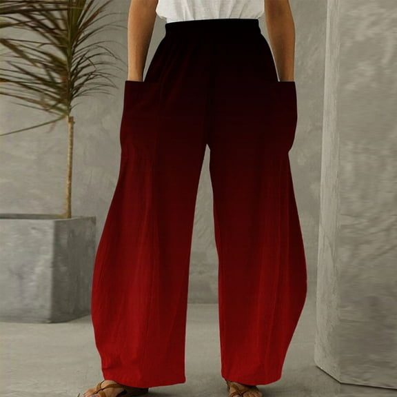 up to 60% off Gifts Usmixi Womens Trousers Fashion Gradient Print Plus Size Elastic Waist Long Pants Casual Lightweight Loose Wide Leg Pants with Pockets Wine XXL
