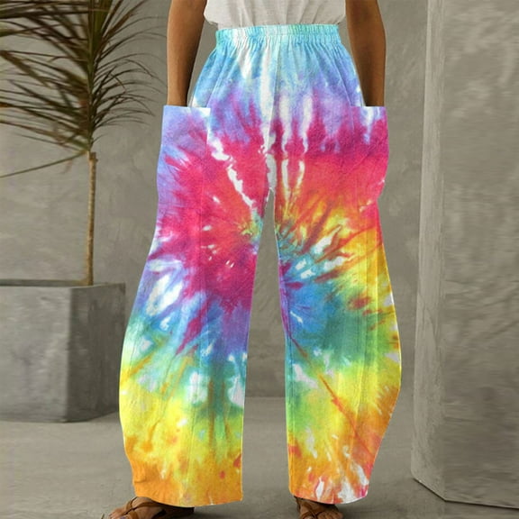 up to 60% off Gifts Usmixi Womens Trousers Trendy Tie Dye Print Plus Size Elastic Waist Long Pants Casual Lightweight Comfy Loose Wide Leg Pants with Pockets Orange XXL