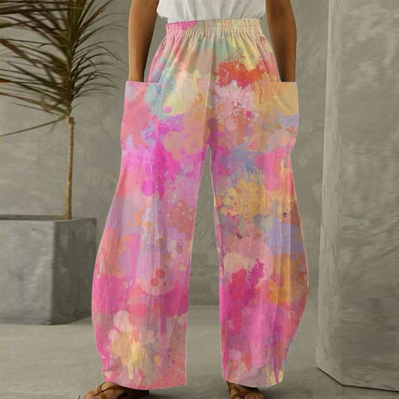 up to 60% off Gifts Usmixi Womens Trousers Trendy Tie Dye Print Plus Size Elastic Waist Long Pants Casual Lightweight Comfy Loose Wide Leg Pants with Pockets Pink l