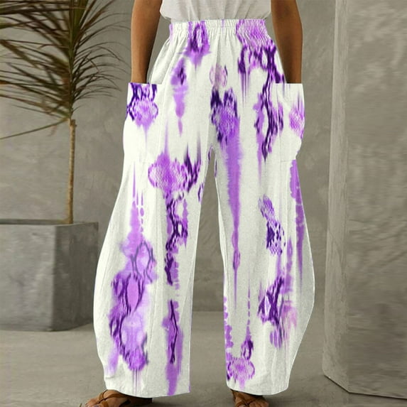 up to 60% off Gifts Usmixi Womens Trousers Trendy Tie Dye Print Plus Size Elastic Waist Long Pants Casual Lightweight Comfy Loose Wide Leg Pants with Pockets Purple XXL