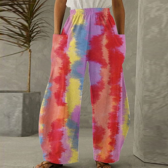 up to 60% off Gifts Usmixi Womens Trousers Trendy Tie Dye Print Plus Size Elastic Waist Long Pants Casual Lightweight Comfy Loose Wide Leg Pants with Pockets Red m