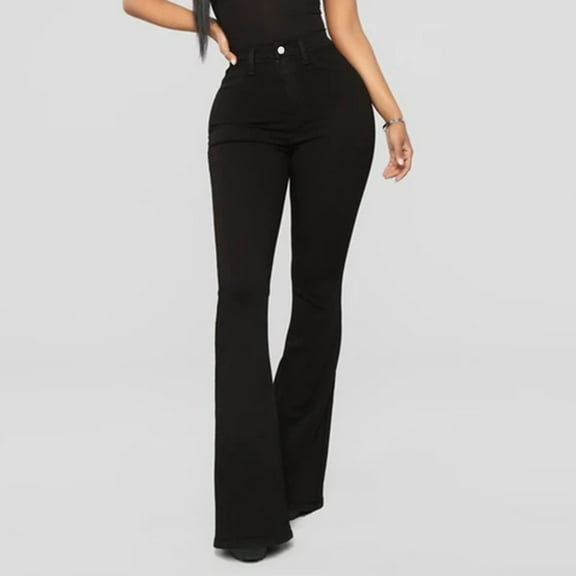 up to 60% off Gifts Usmixi Womens Vintage Button High Waist Jeans Casual Solid Lightweight Stretchy Denim Long Pants Going out Party Fashion Flared Trousers with Pocket Black s