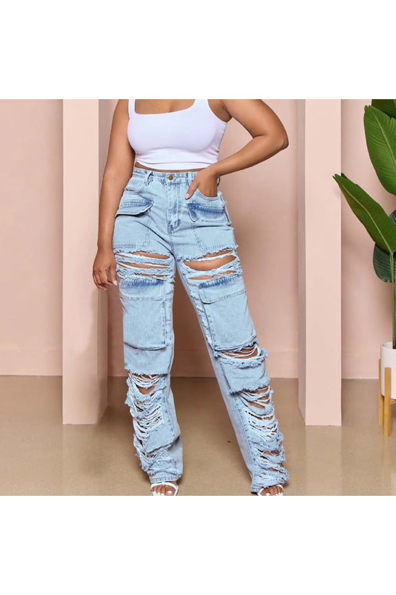 up to 60% off Gifts Usmixi Womens Vintage Ripped Jeans Fashion Loose Straight Leg Distressed Denim Pants Button High Waist Solid Long Trousers with Pockets Blue XXL