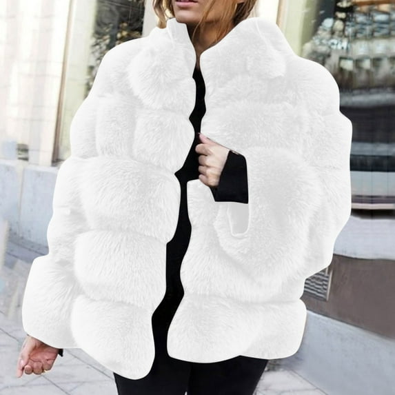 Gifts Usmixi Womens Winter Faux Fur Coat Fluffy Plush Coat for Women Soft Cozy Fuzzy Faux Furry Jacket Plus Size Casual Solid Stand Neck Fleece Outerwear Faux Fur Coat