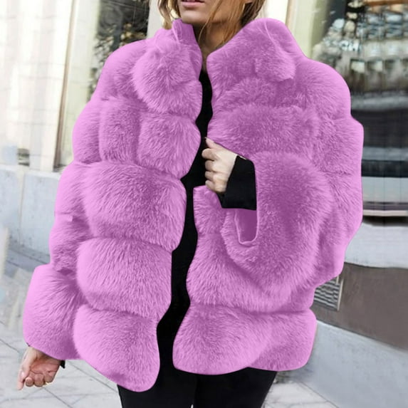 up to 60% off Gifts Usmixi Womens Winter Faux Fur Coat Fluffy Plush Coat for Women Soft Cozy Fuzzy Faux Furry Jacket Plus Size Casual Solid Stand Neck Fleece Outerwear Faux Fur Coat Flash Deals