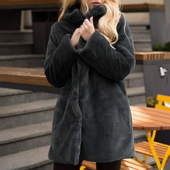 Gifts Usmixi Womens Winter Faux Fur Coat Plush Coat for Women Plus Size Casual Solid Stand Neck Fuzzy Fleece Overcoat Long Sleeve Open Front Ladies Outerwear Faux Fur Coat