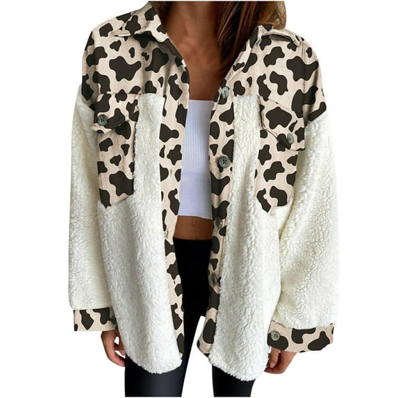 up to 60% off Gifts Usmixi Womens Winter Fleece Coat Plush Jacket for Women Vintage Leopard Print Button Fuzzy Fleece Coats Long Sleeve Loose Lapel Fluffy Sherpa Outwear Fleece Coat