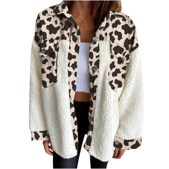 up to 60% off Gifts Usmixi Womens Winter Fleece Coat Plush Jacket for Women Vintage Leopard Print Button Fuzzy Fleece Coats Long Sleeve Loose Lapel Fluffy Sherpa Outwear Fleece Coat