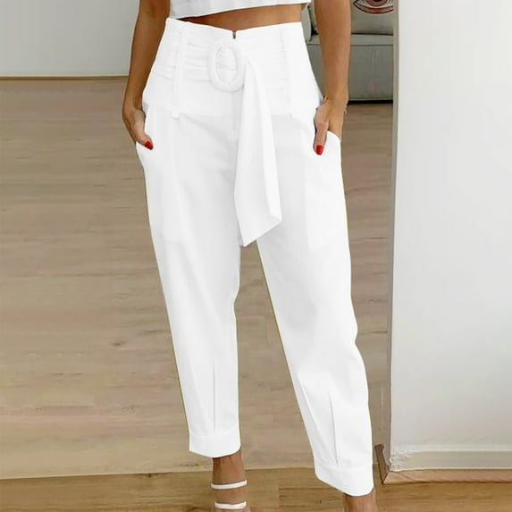 up to 60% off Gifts Usmixi Womens Zipper High Waist Trousers Business Casual Solid Loose Straight Leg Long Pants Fashion Belt Lightweight Pants with Pockets White XXL