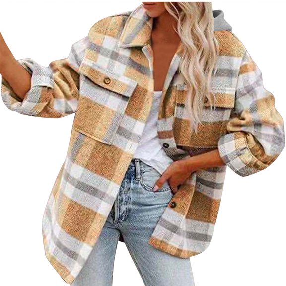 Gifts 2025 Plaid Jacket for Women Woolen Jacket for Women Loose Button Down Pocket Hooded Shacket Outerwear Long Sleeve Casual Flannel Shirts Coat Winter Plaid Jacket
