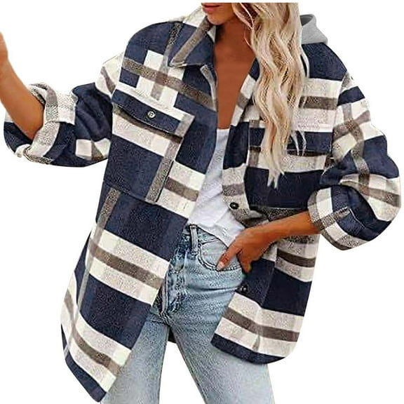 up to 60% off Gifts 2023 Plaid Jacket for Women Woolen Jacket for Women Loose Button Down Pocket Hooded Shacket Outerwear Long Sleeve Casual Flannel Shirts Coat Winter Plaid Jacket