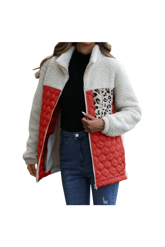 up to 60% off Gifts 2023 Plush Coat for Women Quilted Fleece Jacket for Women Vintage Leopard Patchwork Stand Neck Outerwear Open Zipper Plush Sweater Coat with Pocket Winter Plush Coat