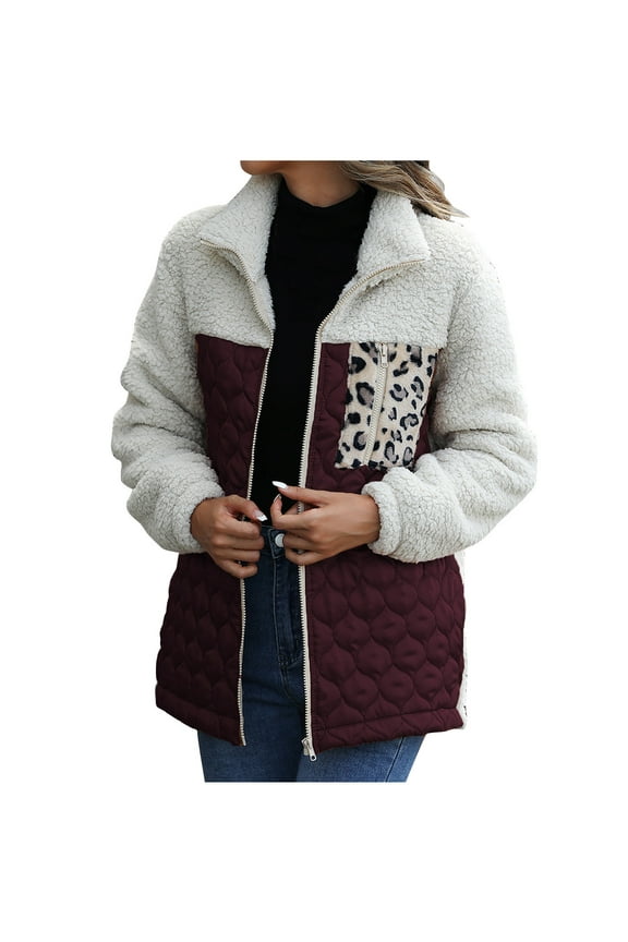 up to 60% off Gifts 2023 Plush Coat for Women Quilted Fleece Jacket for Women Vintage Leopard Patchwork Stand Neck Outerwear Open Zipper Plush Sweater Coat with Pocket Winter Plush Coat