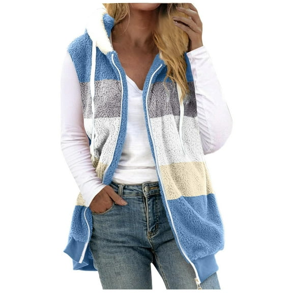 up to 60% off Gifts 2023 Plush Coat for Women Womens Plush Vest Plus Size Soft Fluffy Fleece Sherpa Jacket Fashion Color Block Full Zipper Sleeveless Hooded Outerwear Winter Plush Coat