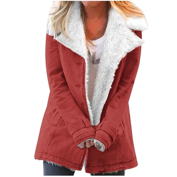 up to 60% off Gifts Plush Coat for Women Womens Plush Overcoat Casual Solid Long Seeve Button Down Lapel Outerwear Warm Thickened Soft Fleece Lined Jacket with Pocket Winter Plush Coat