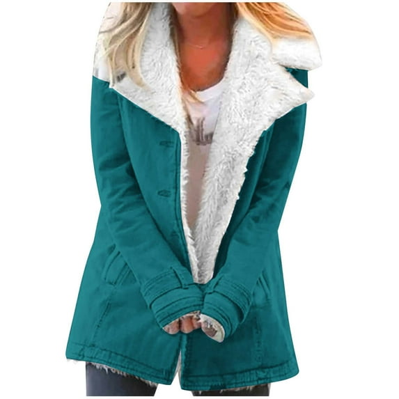 up to 60% off Gifts Plush Coat for Women Womens Plush Overcoat Casual Solid Long Seeve Button Down Lapel Outerwear Warm Thickened Soft Fleece Lined Jacket with Pocket Winter Plush Coat