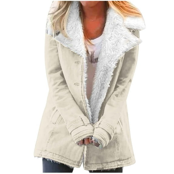 up to 60% off Gifts Plush Coat for Women Womens Plush Overcoat Casual Solid Long Seeve Button Down Lapel Outerwear Warm Thickened Soft Fleece Lined Jacket with Pocket Winter Plush Coat