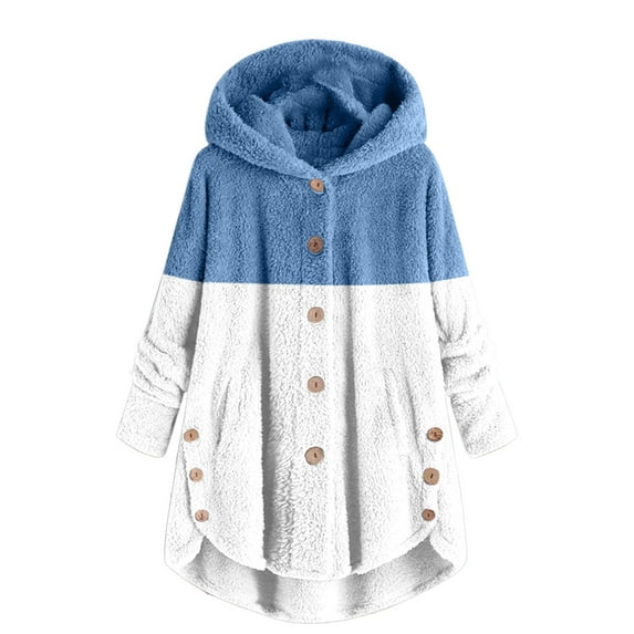 up to 60% off Gifts Winter Plush Coat for Women Womens Plush Overcoat Plus Size Button Irregular Hem Cozy Fuzzy Fleece Coat Fashion Color Block Pocket Hooded Outerwear Casual Plush Coat