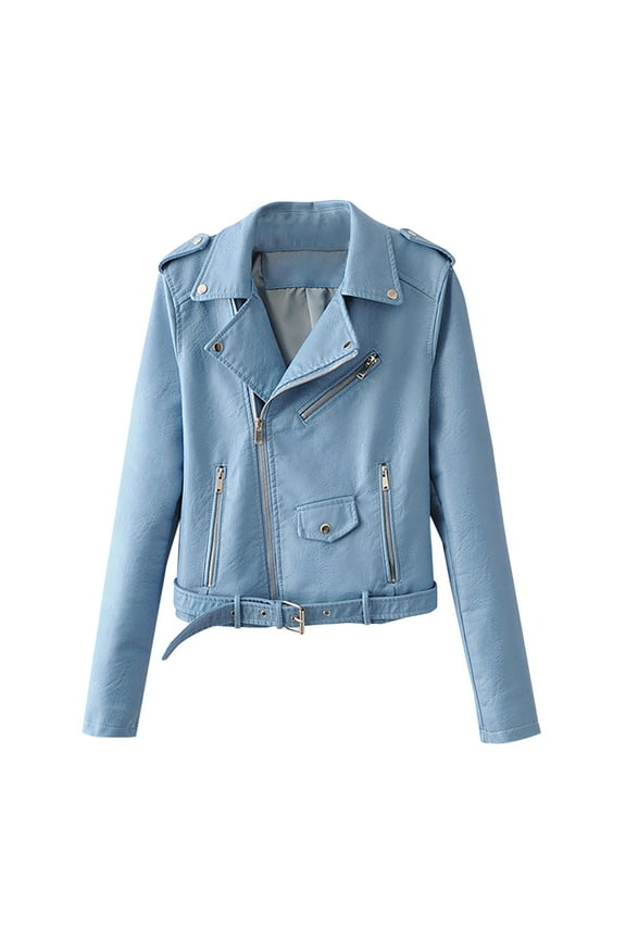 up to 60% off Gifts Winter Womens Leather Coat Womens Bomber Coat Lightweight Faux Leather Long Sleeve Lapel PU Jacket Plus Size Fashion Pocket Solid Zip up Short Outwear with Belt Up to 65% off