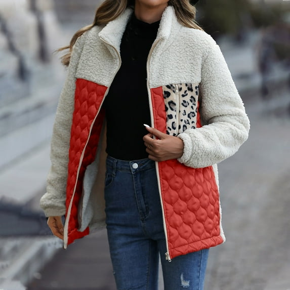 up to 60% off Gifts Winter Womens Plush Coat Quilted Fleece Jacket for Women Vintage Leopard Patchwork Stand Neck Outerwear Open Zipper Plush Sweater Coat with Pocket 2023 Plush Coat