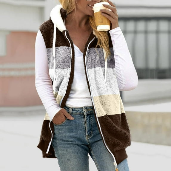 Gifts Winter Womens Plush Coat Womens Plush Vest Plus Size Soft Fluffy Fleece Sherpa Jacket Fashion Color Block Full Zipper Sleeveless Hooded Outerwear 2026 Plush Coat