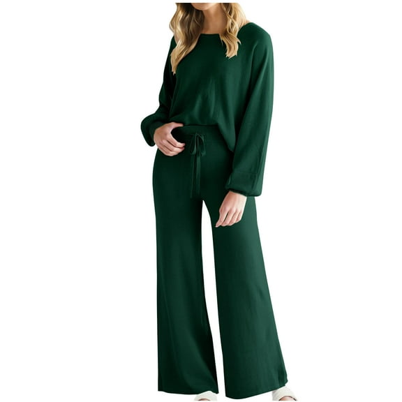 up to 60% off Gifts Womens 2 Piece Outfits Casual Solid Lounge Sets for Women Lantern Long Sleeve Crewneck Pullover and Drawstring Wide Leg Pant 2 PC Sets Fall Winter 2 Piece Sets