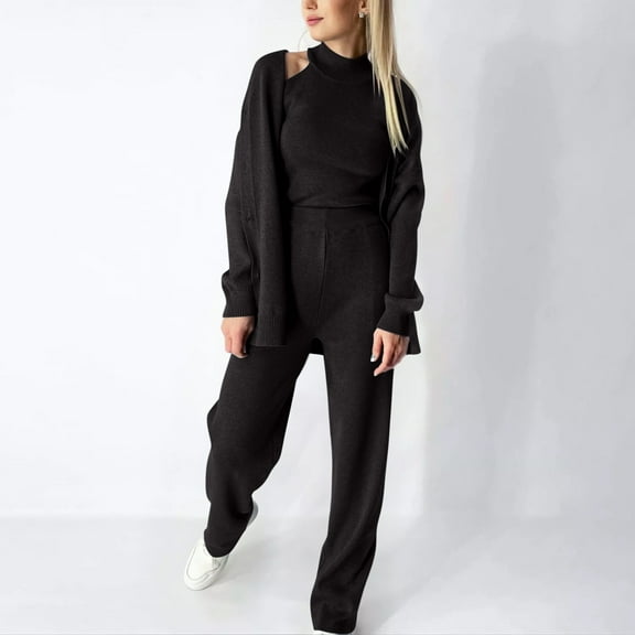 up to 60% off Gifts Womens 3 Piece Sets Holiday Knitted Homewear Sets for Women Sweater Cardigan and Turtleneck Tank Tops and Elastic Waist Pant Lounge Sets Casual Sleepwear Sets Up to 65% off