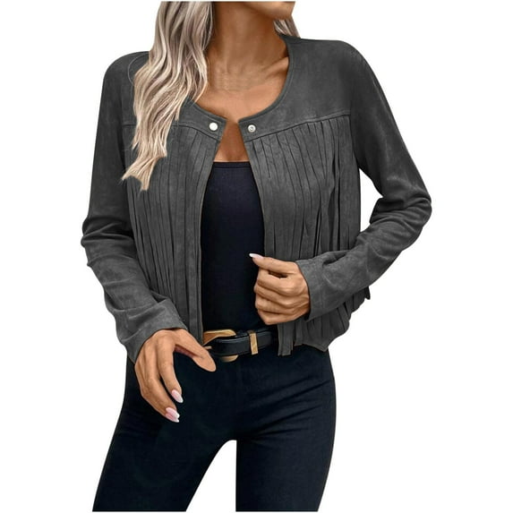 up to 60% off Gifts Womens Fringe Jacket Suede Coats for Women Party Club Fashion Solid Tassel Cropped Coat Long Sleeve Button Fall Lightweight Faux Leather Outwear Winter Fringe Jacket