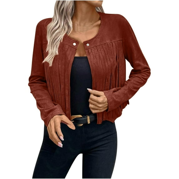 Gifts Womens Fringe Jacket Suede Coats for Women Party Club Fashion Solid Tassel Cropped Coat Long Sleeve Button Fall Lightweight Faux Leather Outwear Winter Fringe Jacket