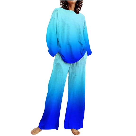 up to 60% off Gifts Womens Lounge Set Homewear 2 Piece Sets for Women Fashion Gradient Print Long Sleeve Pullover and Drawstring Long Pant Lounge Sets Ladies Sleepwear Pajama Sets