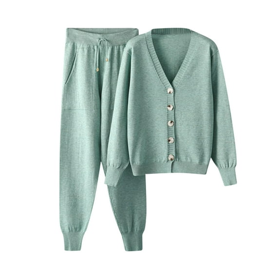 up to 60% off Gifts Womens Lounge Set Sweater Cardigan 2 Piece Outfit Sets for Women Button Down Knitted Coat and Drawstring Jogger Pant Lounge Sets Casual Solid Sweater Homewear Sets