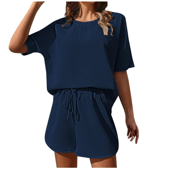 up to 60% off Gifts Womens Loungewear Set Knit 2 Piece Outfits for Women Short Sleeve Round Neck Tops and Drawstring Shorts Lounge Sets Casual Solid Pajamas Sets Homewear Sleepwear Set