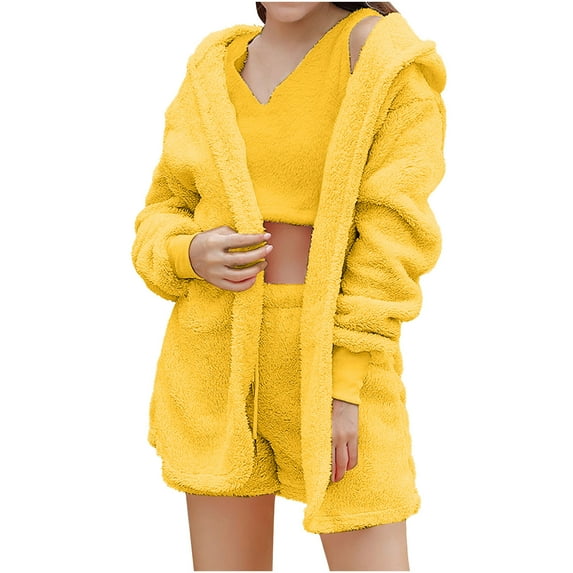 up to 60% off Gifts Womens Loungewear Set Womens Fleece Pajamas Sets Cozy Fluffly Plush 3 Piece Outfits Fuzzy Cardigan Coat Tank and Shorts Homewear Sets Sleepwear Lounge Matching Sets