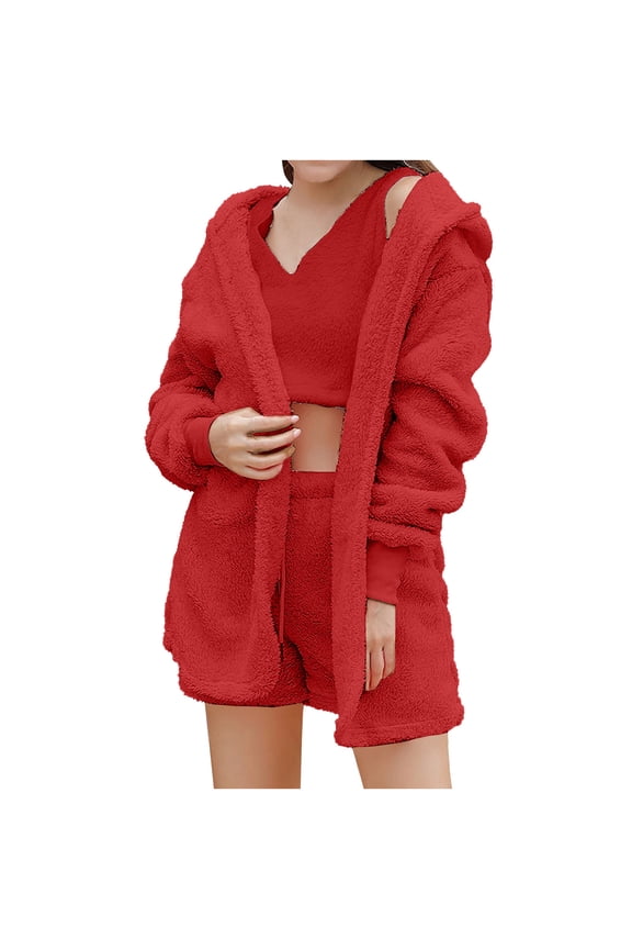 up to 60% off Gifts Womens Loungewear Set Womens Fleece Pajamas Sets Cozy Fluffly Plush 3 Piece Outfits Fuzzy Cardigan Coat Tank and Shorts Homewear Sets Sleepwear Lounge Matching Sets