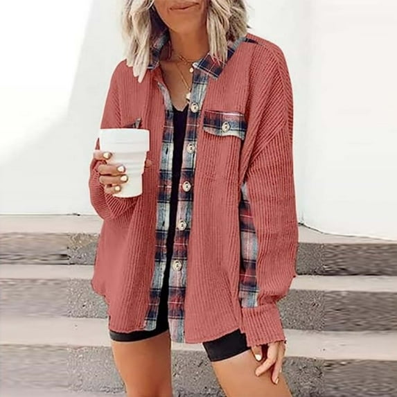 Gifts Womens Winter Corduroy Jacket Shacket for Women Fashion Plaid Patchwork Lapel Button Down Shirt Coat Long Sleeve Ladies Loose Outwear Top with Pocket Corduroy Jacket