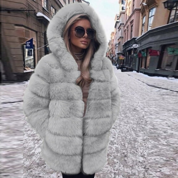 up to 60% off Gifts Womens Winter Faux Fur Coat Fluffy Plush Coat for Women Plus Size Fuzzy Fleece Open Front Hooded Outerwear Casual Solid Fuzzy Fleece Jacket with Pocket Faux Fur Coat