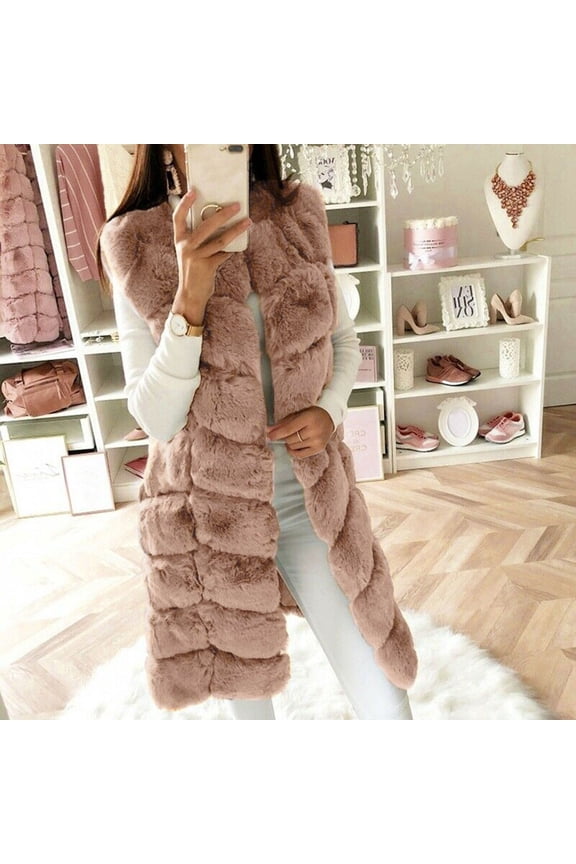 up to 60% off Gifts Womens Winter Faux Fur Coat Fluffy Plush Vest for Women Plus Size Casual Solid Sleeveless Fuzzy Fleece Coat Open Front Faux Furry Long Tank Outwear 2023 Faux Fur Coat