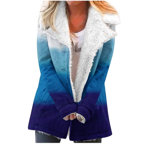 up to 60% off Gifts Womens Winter Plush Coat Trench Coat for Women Fashion Gradient Print Padded Thickened Fleece Lined Overcoat Open Front Lapel Loose Jacket with Pocket 2023 Plush Coat