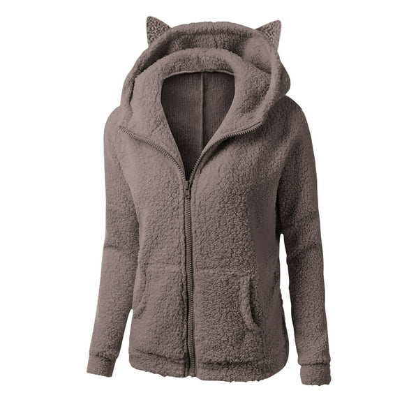 up to 60% off Gifts Womens Winter Plush Coat Womens Fluffy Sherpa Coats Open Front Zip Cute Cat Ear Hooded Sweatshirt Outwear Casual Solid Fuzzy Fleece Jacket with Pocket 2023 Plush Coat