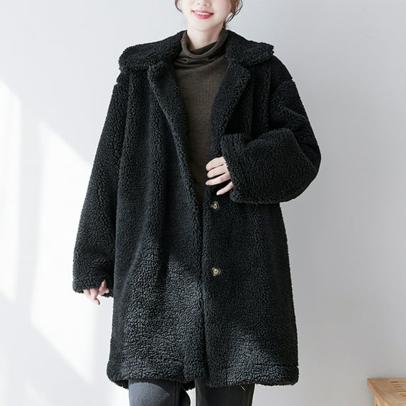 up to 60% off Gifts Womens Winter Trench Coat Plush Coat for Women Open Button up Fluffy Fleece Overcoat Pocket Long Sleeve Lapel Casual Solid Fuzzy Furry Long Outerwear 2023 Trench Coat