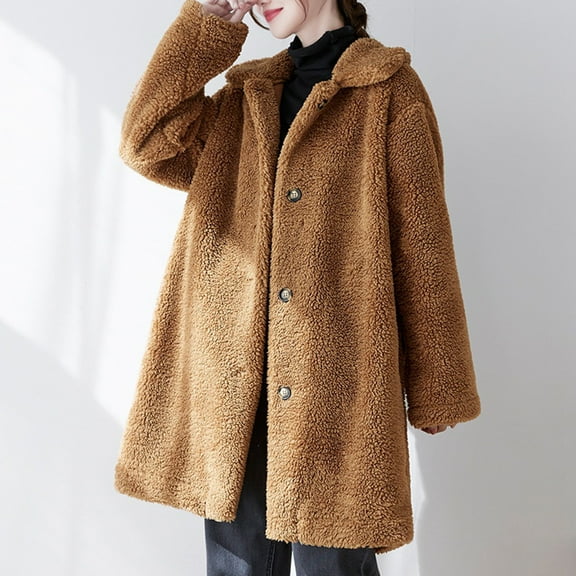 up to 60% off Gifts Womens Winter Trench Coat Plush Coat for Women Open Button up Fluffy Fleece Overcoat Pocket Long Sleeve Lapel Casual Solid Fuzzy Furry Long Outerwear 2023 Trench Coat