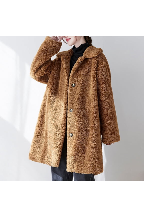 up to 60% off Gifts Womens Winter Trench Coat Plush Coat for Women Open Button up Fluffy Fleece Overcoat Pocket Long Sleeve Lapel Casual Solid Fuzzy Furry Long Outerwear 2023 Trench Coat