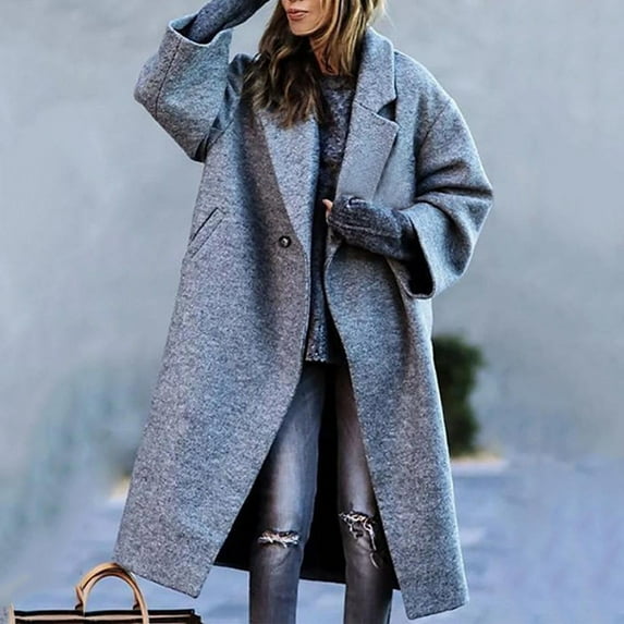 up to 60% off Gifts Womens Winter Wool Jacket Womens Woolen Overcoat Plus Size Casual Solid Open Front Long Coat Long Sleeve Button Lapel Trench Coat Outwear with Pocket 2023 Wool Jacket