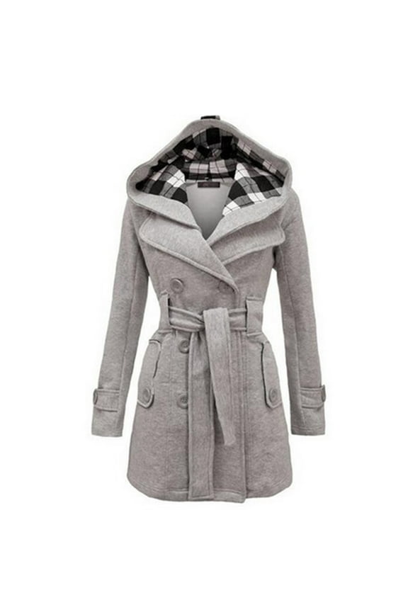 Woolen Coat for Women Womens Wool Jacket Classic Plaid Print Plus Size Double Breasted Overcoat Long Sleeve Pocket Hooded Outerwear Coat with Belt Winter Woolen Coat