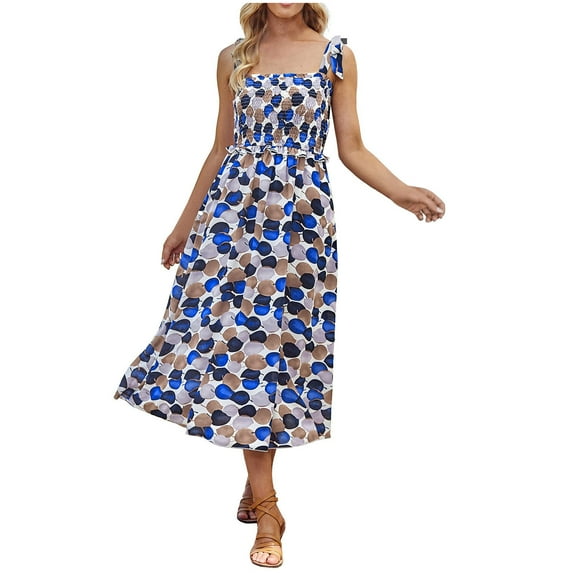 up to 60% off Gifts Wycnly Formal Dresses for Women Sleeveless Square collar Floral Print Summer Long Dresses Beach Boho Elastic Waist Swing Strap Dress Blue XL