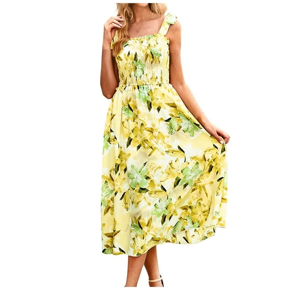 up to 60% off Gifts Wycnly Formal Dresses for Women Sleeveless Square collar Floral Print Summer Long Dresses Beach Boho Elastic Waist Swing Strap Dress Yellow XL