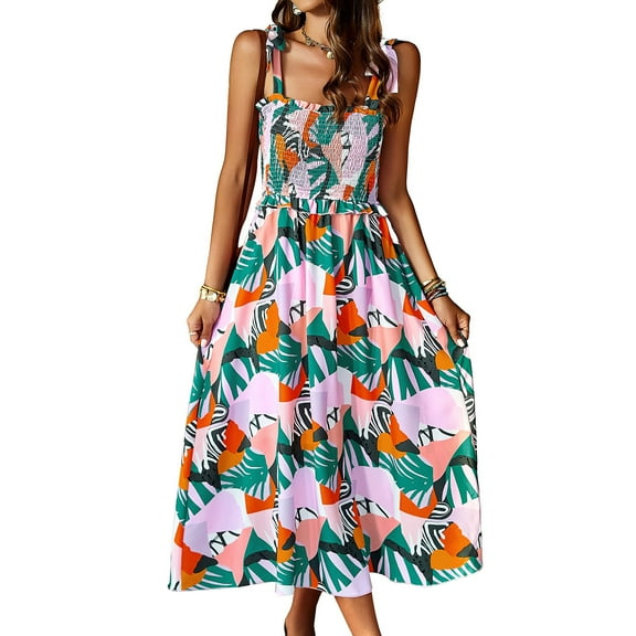 up to 60% off Gifts Wycnly Formal Dresses for Women Sleeveless Square collar Floral Print Summer Long Dresses Beach Boho Elastic Waist Swing Strap Dress Green S