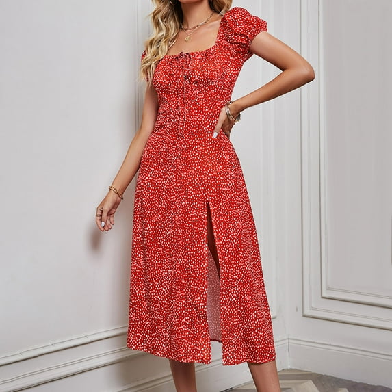 up to 60% off Gifts Wycnly Maxi Dresses for Women Short Sleeve Square collar Daisy Print Summer Long Dress Puff Sleeve Tie High Waist Slit Beach Bohemian Dresses Red L