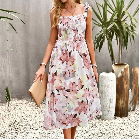 up to 60% off Gifts Wycnly Maxi Dresses for Women Sleeveless Square Neck Floral Print Summer Long Dress Beach Boho Elastic Waist Flowy Swing Strap Chiffon Dresses Pink XL