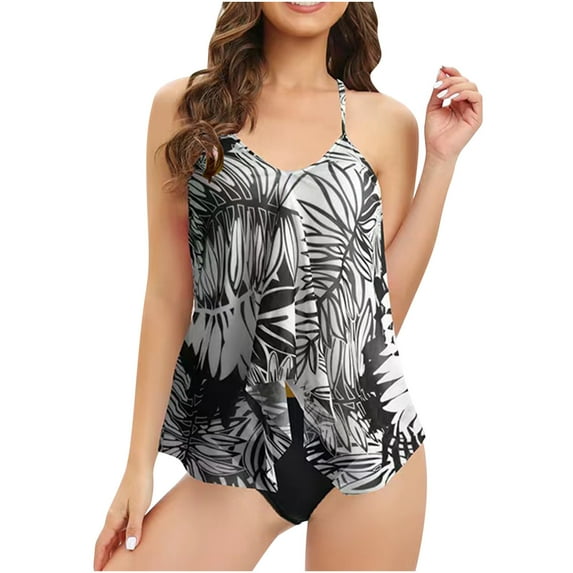 up to 60% off Gifts Wycnly Two-Piece Swimsuits for Women Summer Irregular Hem Juniors Swimsuits Bathing Suits Sleeveless V-Neck Tie-Dye Print Swimwears Black M